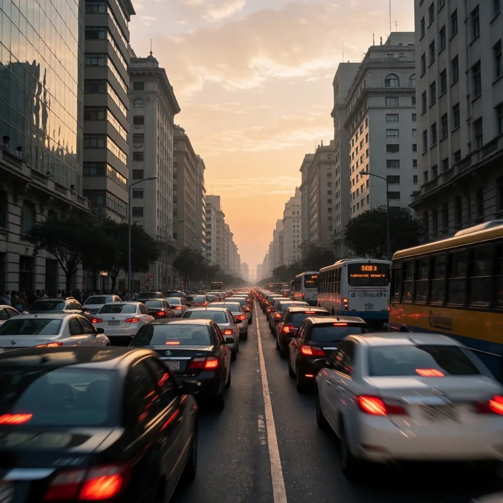 Avenida transitada de Lima al atardecer con tráfico denso