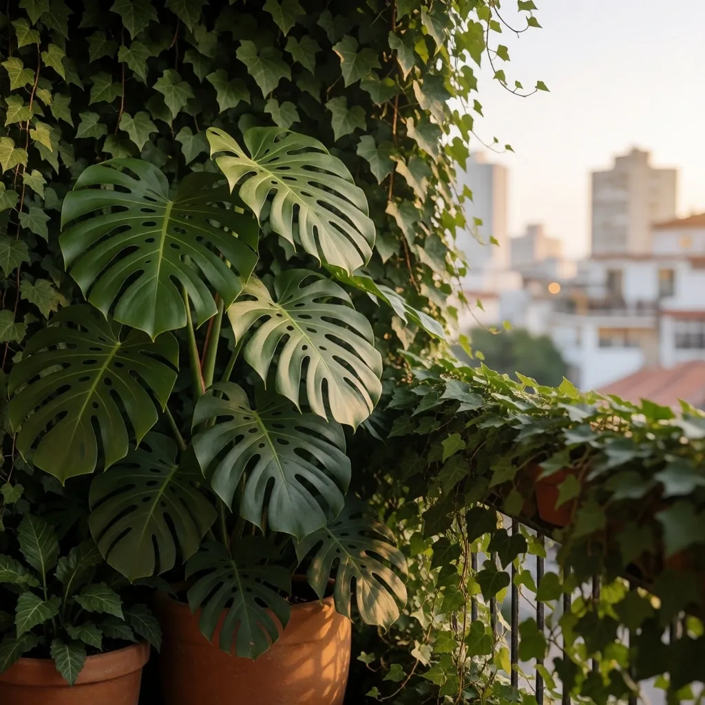 Balcón con plantas de follaje denso como barrera acústica natural