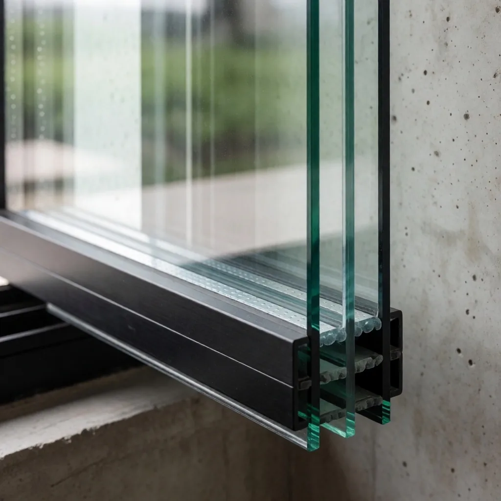 Detalle de ventana de doble vidrio con marco sellado para aislamiento acústico