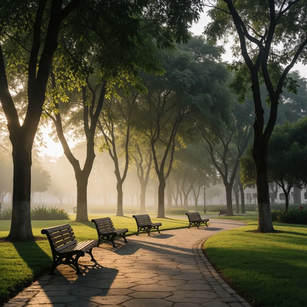 Parque público tranquilo en Lima con densa vegetación