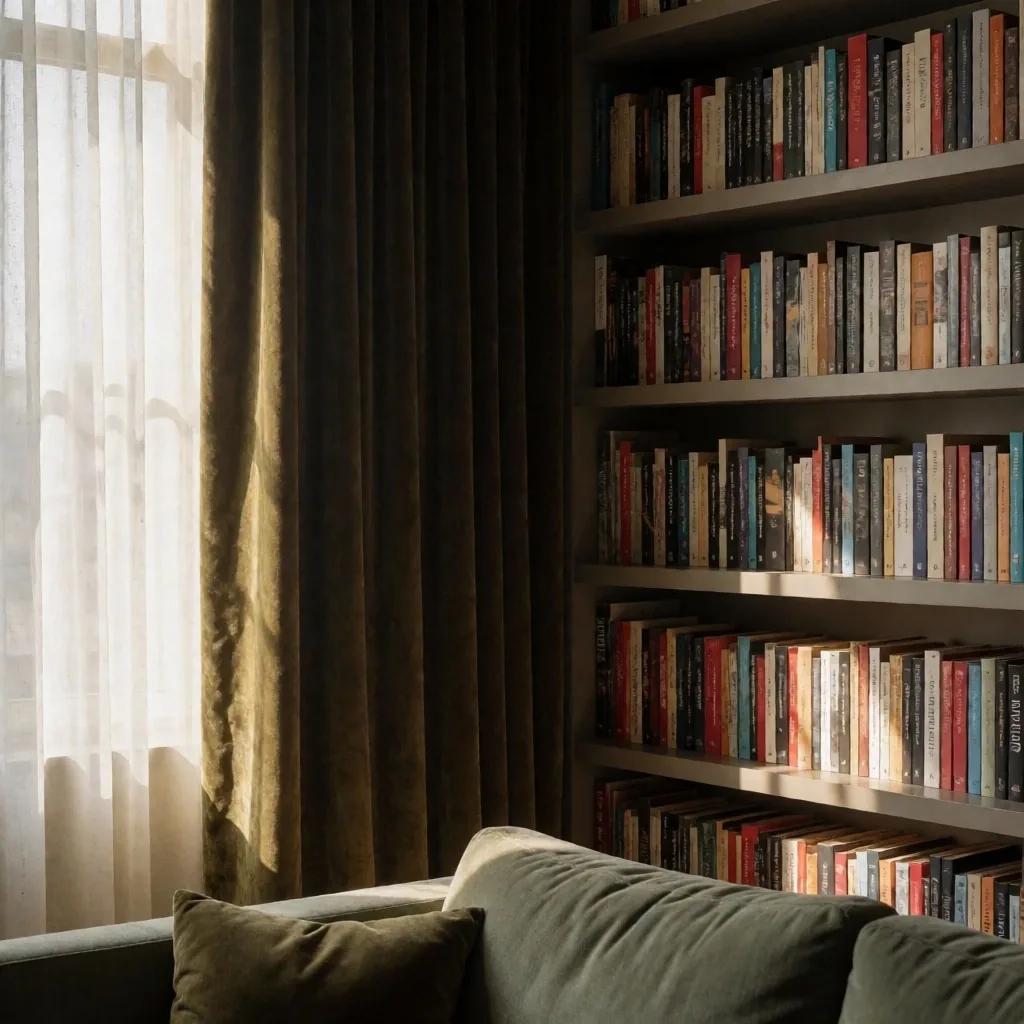 Sala de estar con cortinas gruesas y estantería de libros para absorción acústica