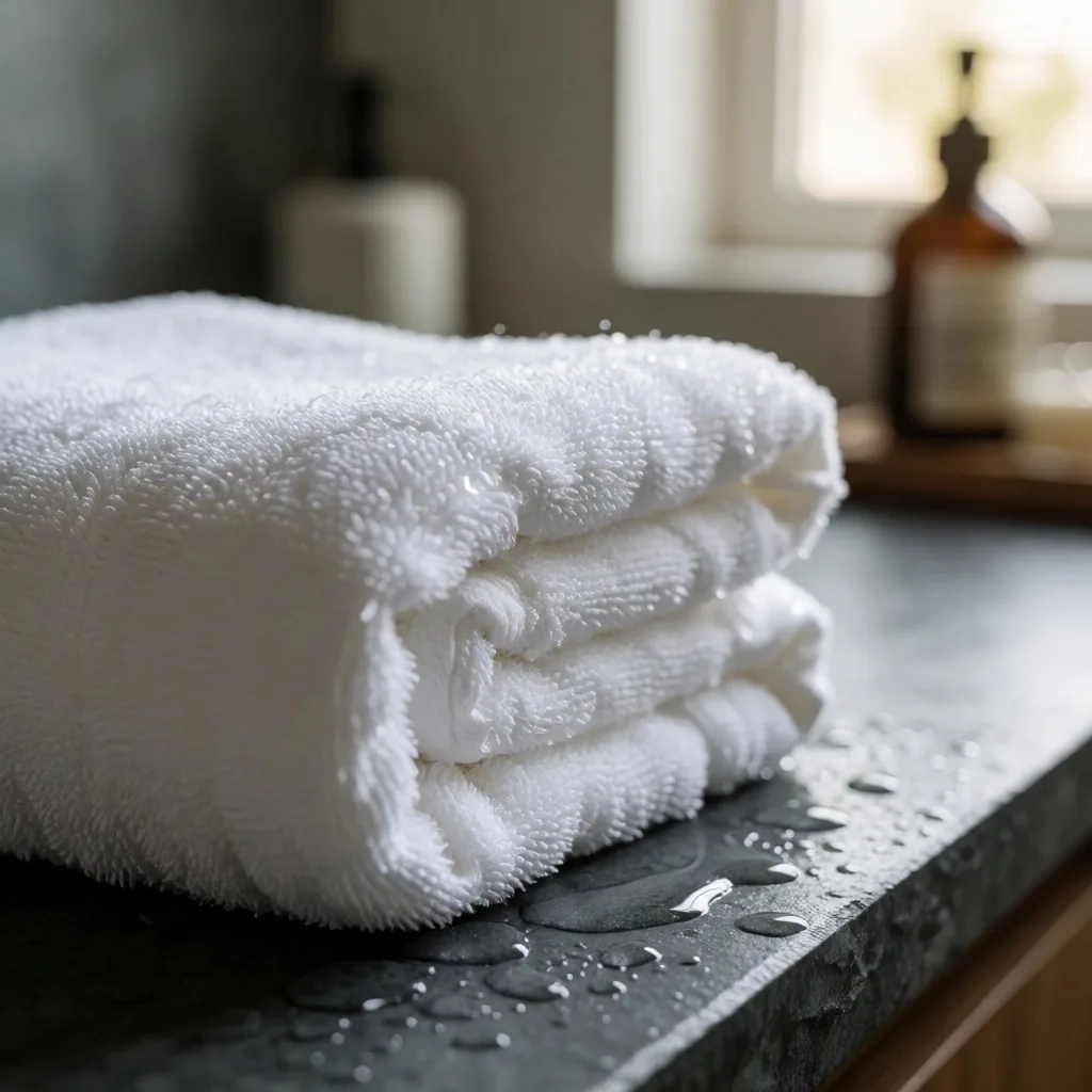 Toalla suave sobre superficies de piedra en un baño