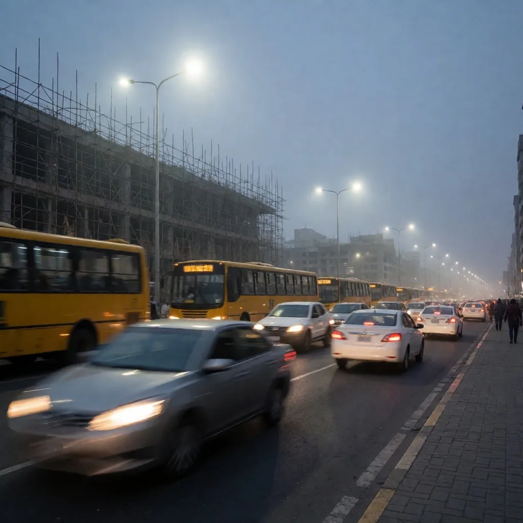 Tráfico denso en una calle de Lima al atardecer