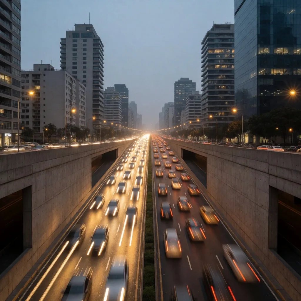 Tráfico urbano de Lima al atardecer mostrando la densidad sonora de la ciudad