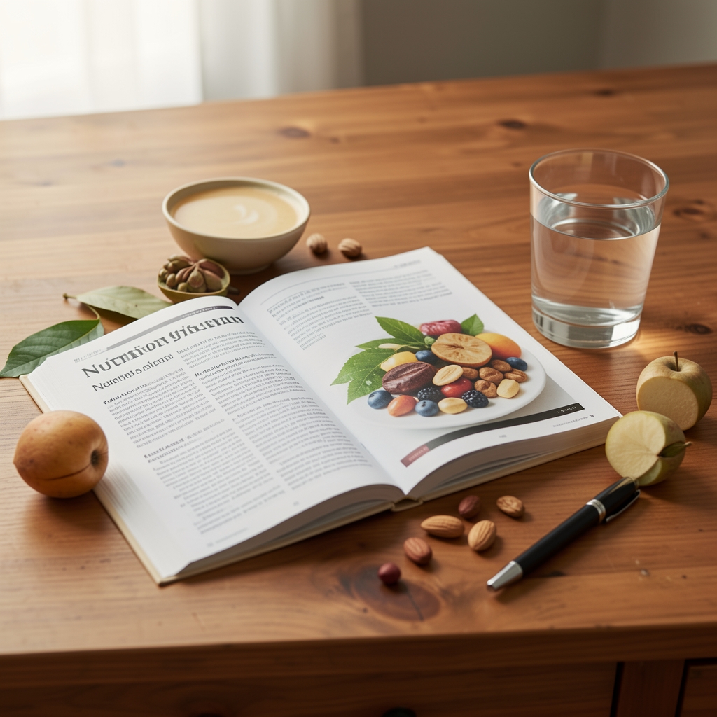 Open nutrition journal beside whole foods and a glass of water on a warm wooden desk
