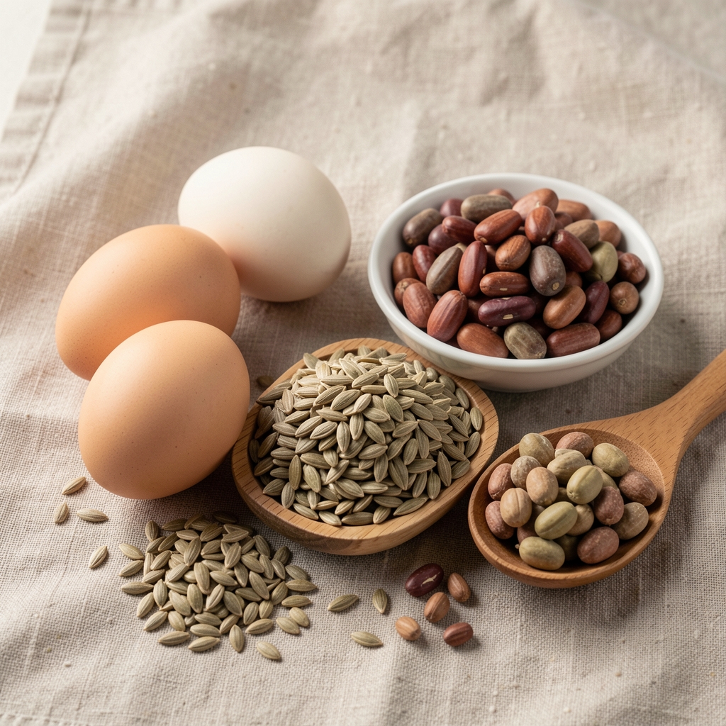 Biotin-rich foods including eggs seeds and legumes arranged on linen
