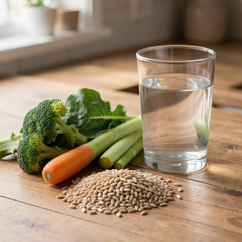 Silica-rich vegetables and grains arranged beside a glass of water on a wooden counter